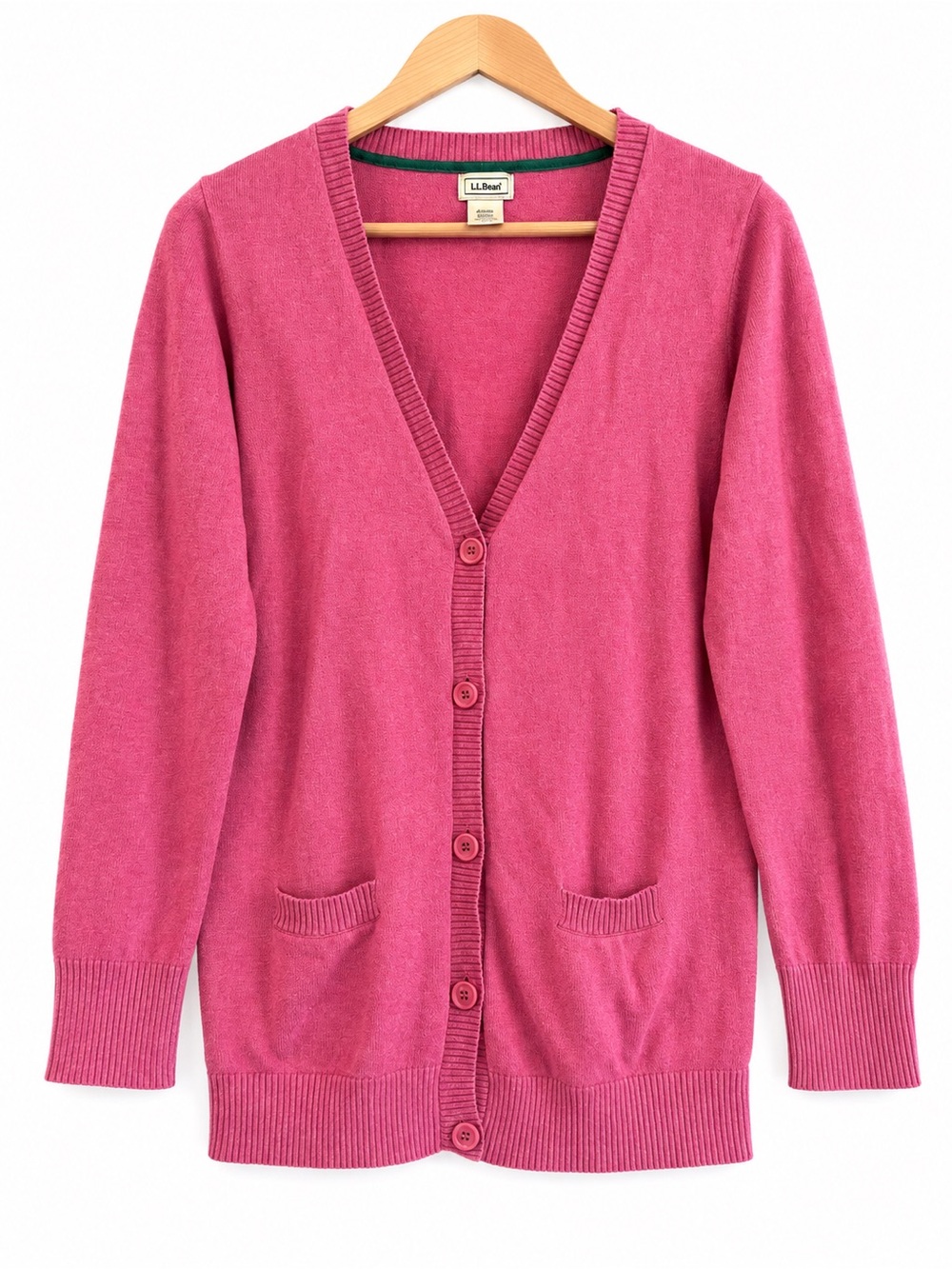 L.L Bean Women’s M Cotton Cashmere Cardigan Sweater Pink Berry Barbie preppy lux